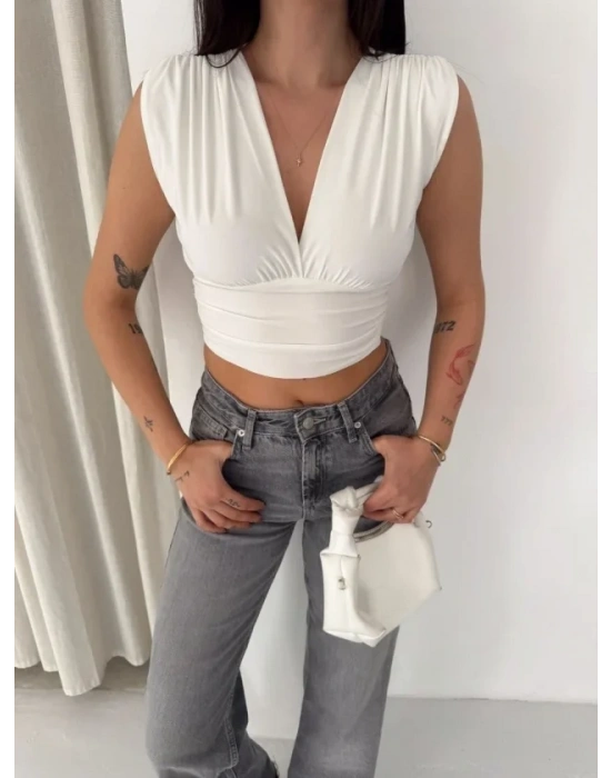 Vatkalı Kolsuz V Yaka Drapeli Crop Bluz ikralı Fit  Beyaz