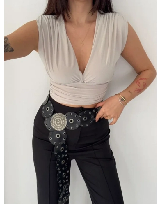 Vatkalı Kolsuz V Yaka Drapeli Crop Bluz ikralı Fit  Boyalı Gri