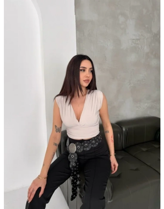 Vatkalı Kolsuz V Yaka Drapeli Crop Bluz ikralı Fit  Boyalı Gri