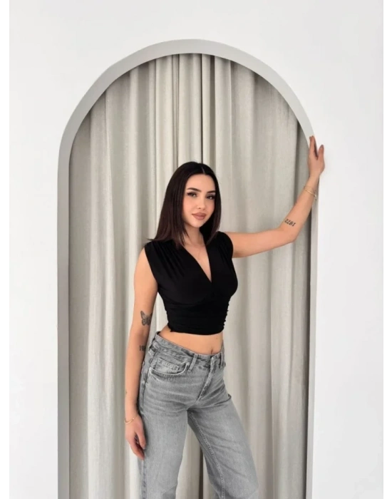 Vatkalı Kolsuz V Yaka Drapeli Crop Bluz ikralı Fit  iyah