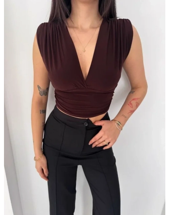 Vatkalı Kolsuz V Yaka Drapeli Crop Bluz ikralı Fit  Kahverengi