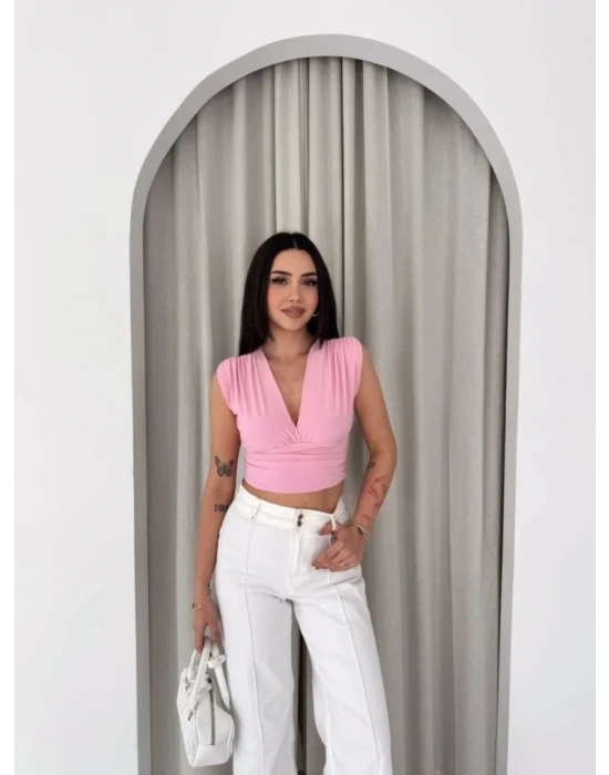 Vatkalı Kolsuz V Yaka Drapeli Crop Bluz ikralı Fit  Pembe