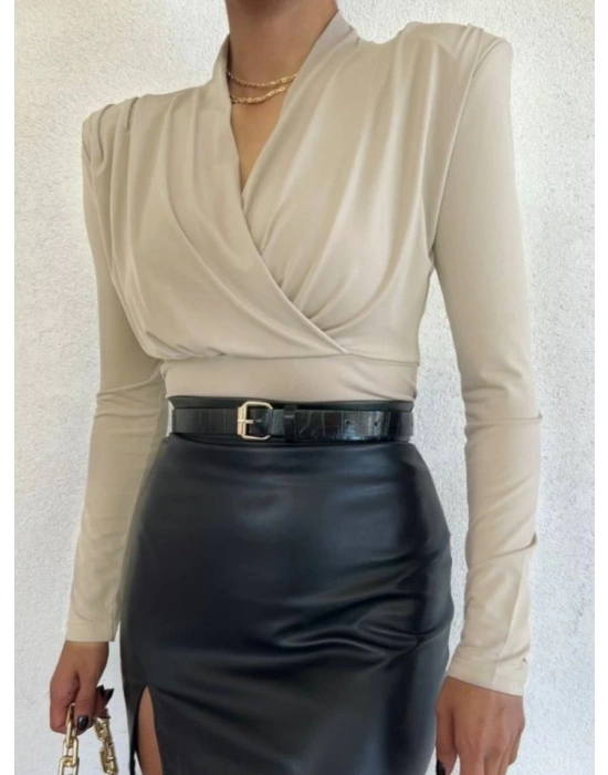 Vatkalı Kruvaze Model Sandy BluzBej