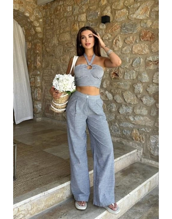 Vesna Keten Çizgili Crop Takım 98060025