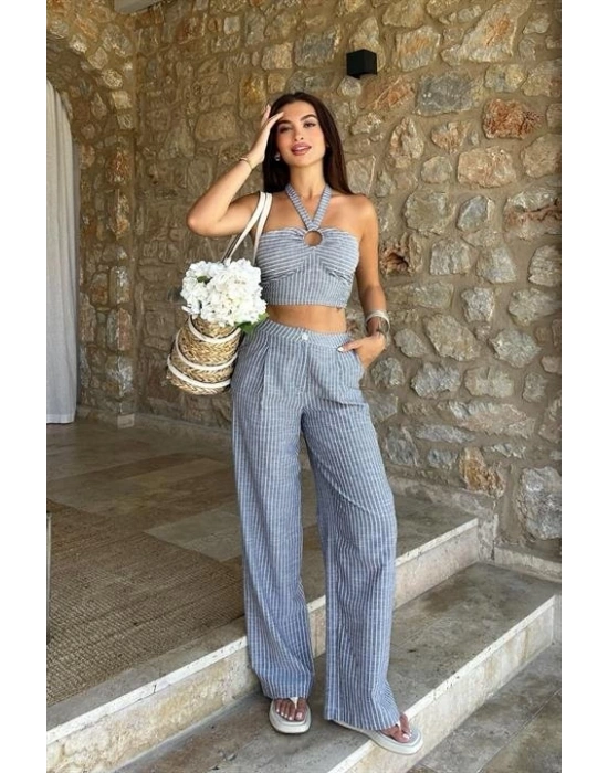 Vesna Keten Çizgili Crop Takım 98060025