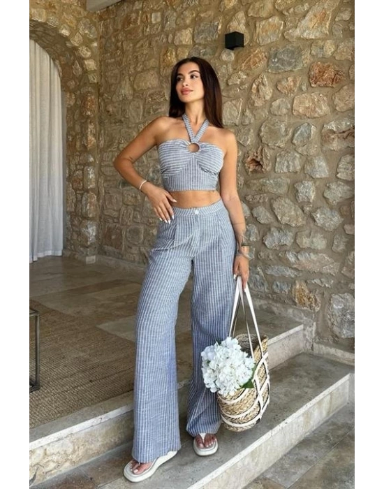 Vesna Keten Çizgili Crop Takım 98060025