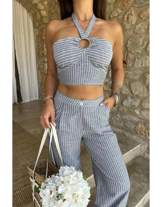 Vesna Keten Çizgili Crop Takım 98060025