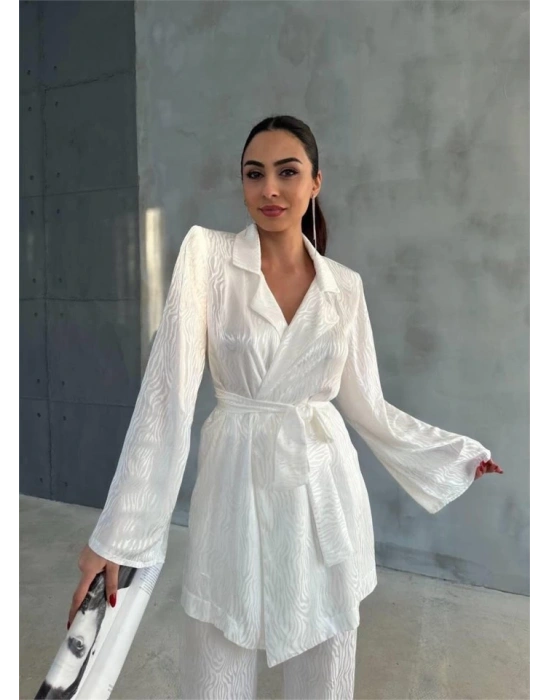 VİSKON JAKARLI BAĞLAALI GÖLEK  PANTOLON TAKI  Beyaz