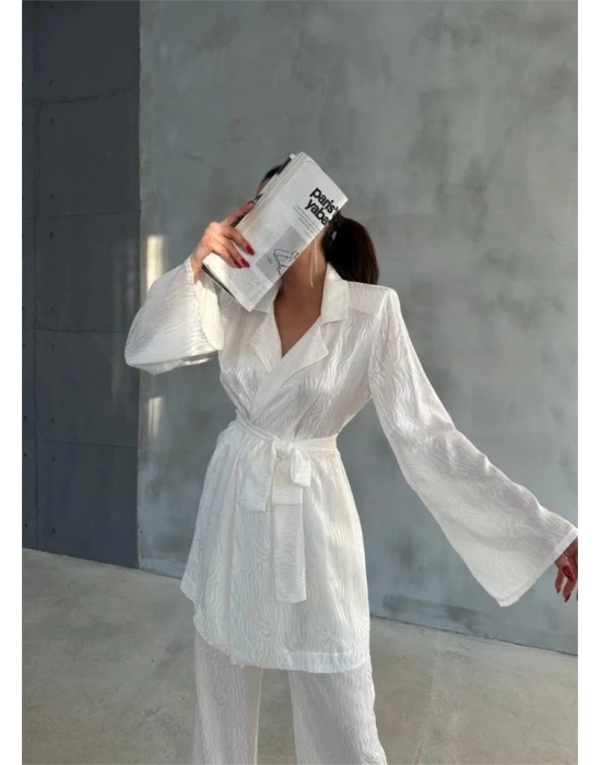 VİSKON JAKARLI BAĞLAALI GÖLEK  PANTOLON TAKI  Beyaz