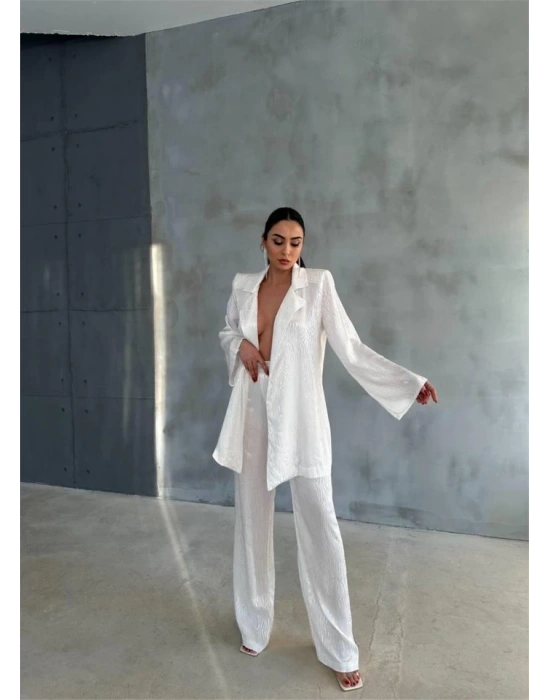VİSKON JAKARLI BAĞLAALI GÖLEK  PANTOLON TAKI  Beyaz