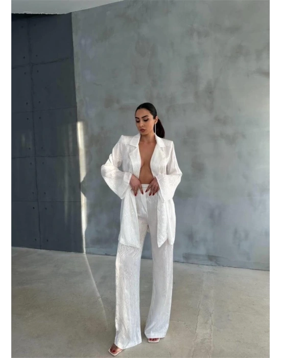 VİSKON JAKARLI BAĞLAALI GÖLEK  PANTOLON TAKI  Beyaz
