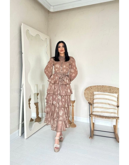 Vizon Valonlu Şeritli Kat Kat Elbise