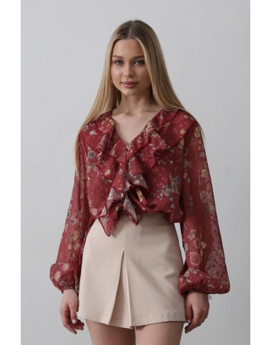 Volanlı Çiçek Desen Şifon Gömlek  Bordo