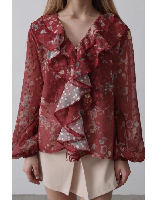 Volanlı Çiçek Desen Şifon Gömlek  Bordo