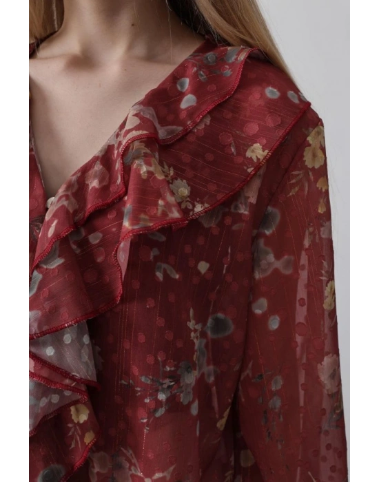 Volanlı Çiçek Desen Şifon Gömlek  Bordo