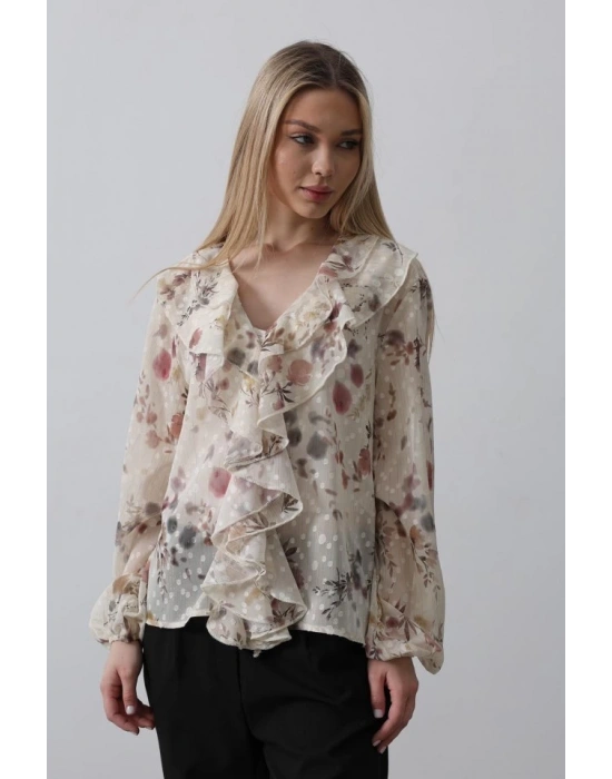 Volanlı Çiçek Desen Şifon Gömlek  Krem