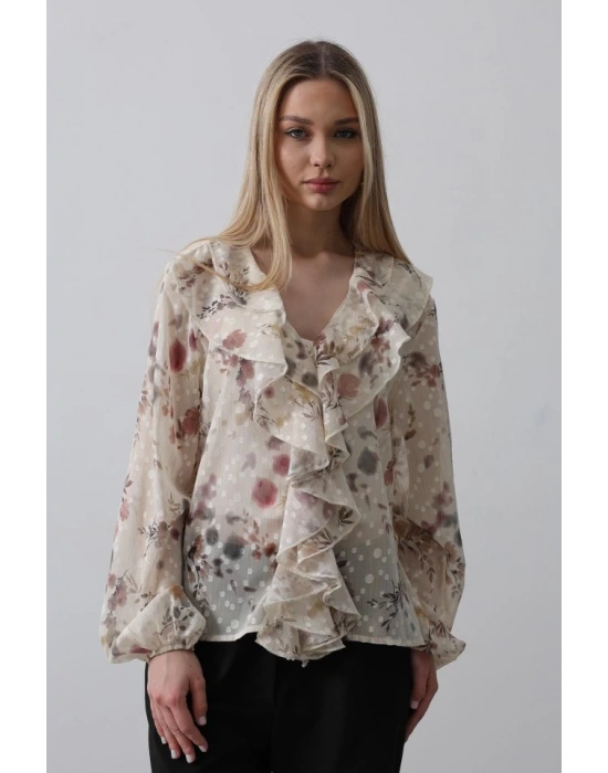 Volanlı Çiçek Desen Şifon Gömlek  Krem