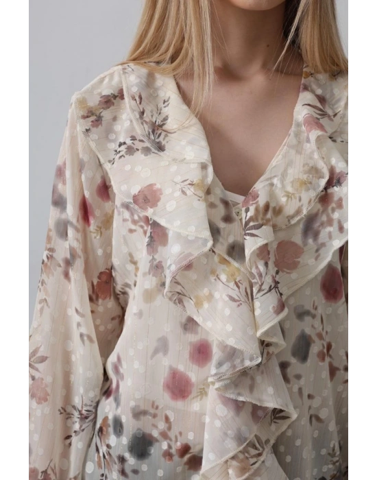 Volanlı Çiçek Desen Şifon Gömlek  Krem