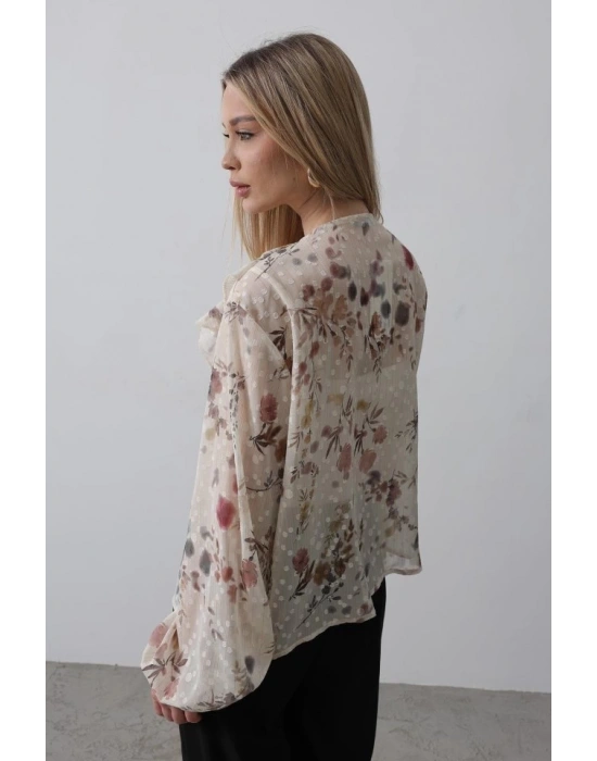Volanlı Çiçek Desen Şifon Gömlek  Krem