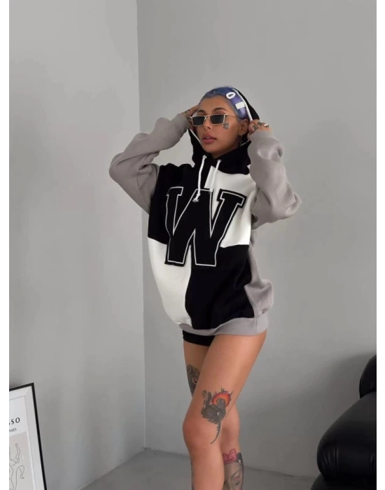 W Nakış İşlemeli Kapüşonlu weatshirt  iyah