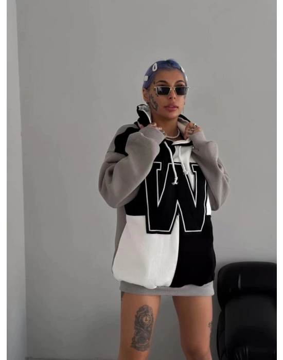 W Nakış İşlemeli Kapüşonlu weatshirt  iyah