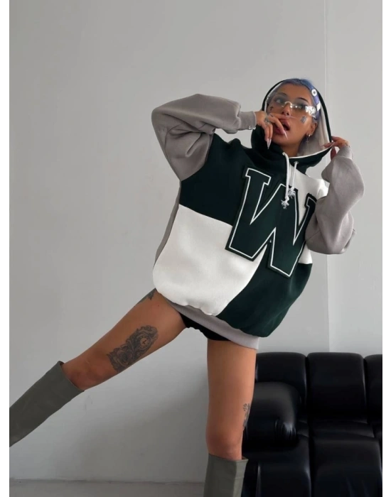 W Nakış İşlemeli Kapüşonlu weatshirt  Yeşil