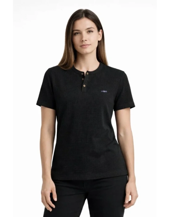 Waffle Dokulu ikralı Henley Yaka Düğmeli Regular Kısa Kollu Thirt  iyah