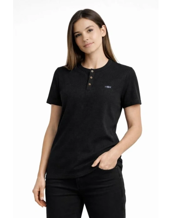 Waffle Dokulu ikralı Henley Yaka Düğmeli Regular Kısa Kollu Thirt  iyah