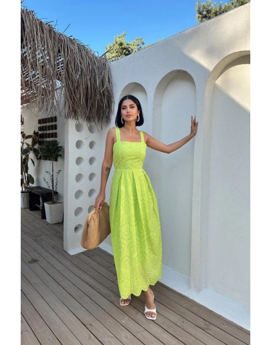 Yağ Yeşili Askılı Aparatlı Brode Elbise