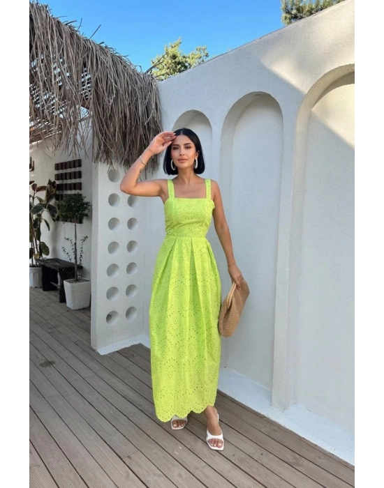 Yağ Yeşili Askılı Aparatlı Brode Elbise