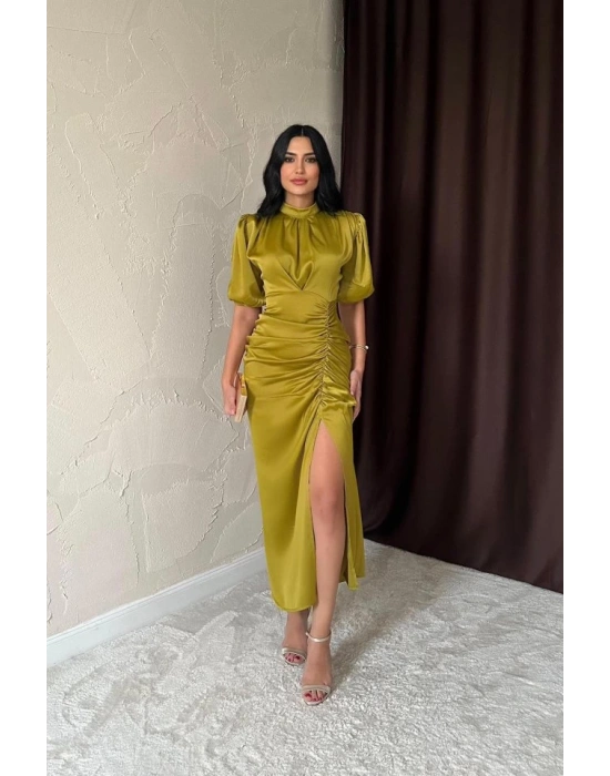 Yağ Yeşili Büzgülü aten Elbise