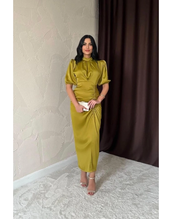 Yağ Yeşili Büzgülü aten Elbise