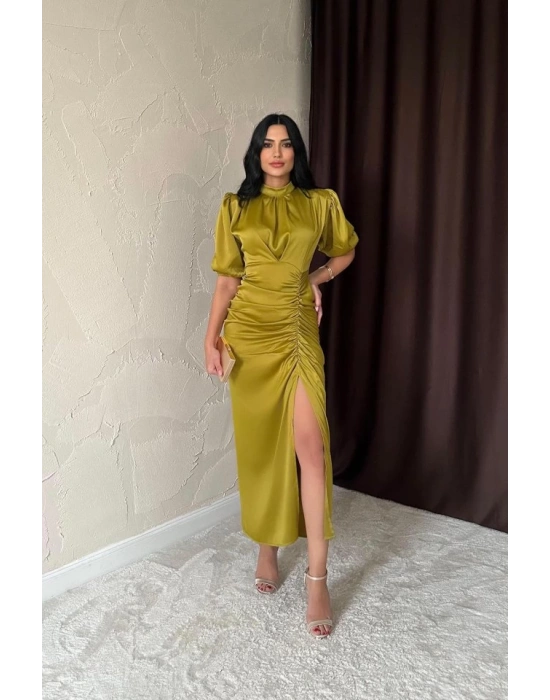 Yağ Yeşili Büzgülü aten Elbise