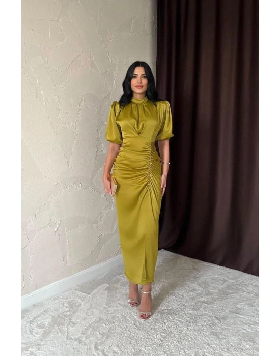 Yağ Yeşili Büzgülü aten Elbise