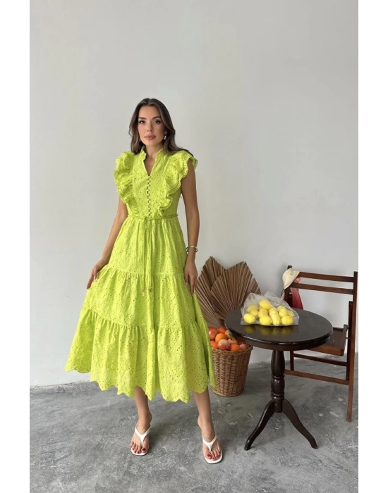 Yağ Yeşili Fırfırlı Düğmeli Elbise