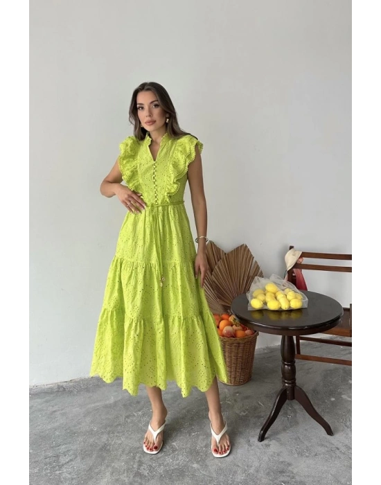 Yağ Yeşili Fırfırlı Düğmeli Elbise
