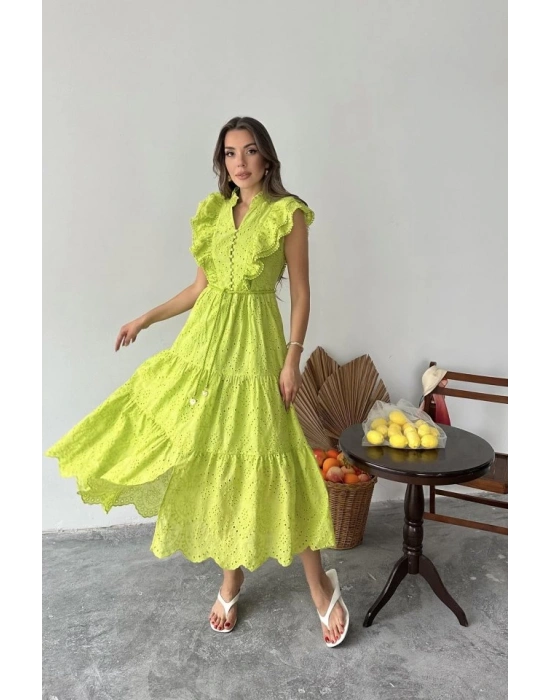 Yağ Yeşili Fırfırlı Düğmeli Elbise