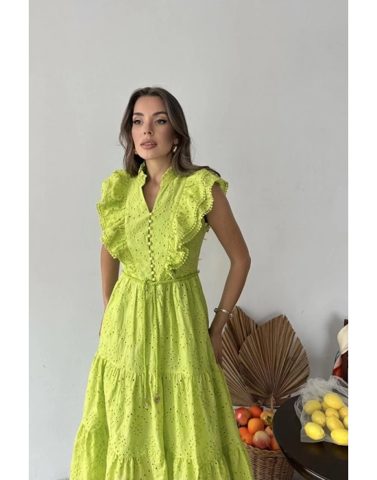 Yağ Yeşili Fırfırlı Düğmeli Elbise