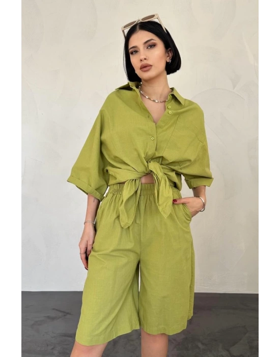 Yağ Yeşili Kısa Kollu Keten Gömlek Ve Şort Takım