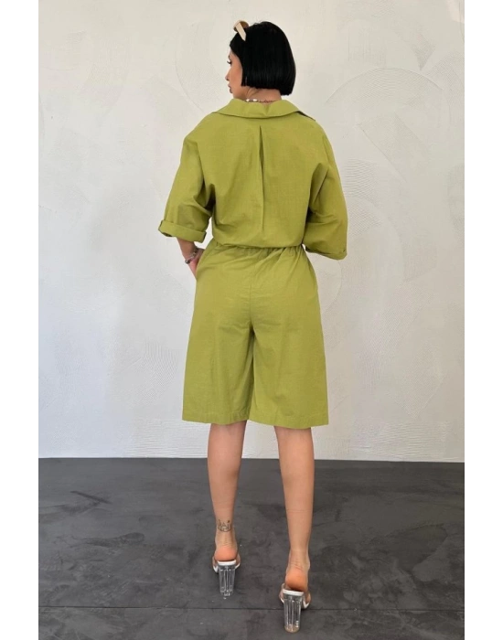 Yağ Yeşili Kısa Kollu Keten Gömlek Ve Şort Takım