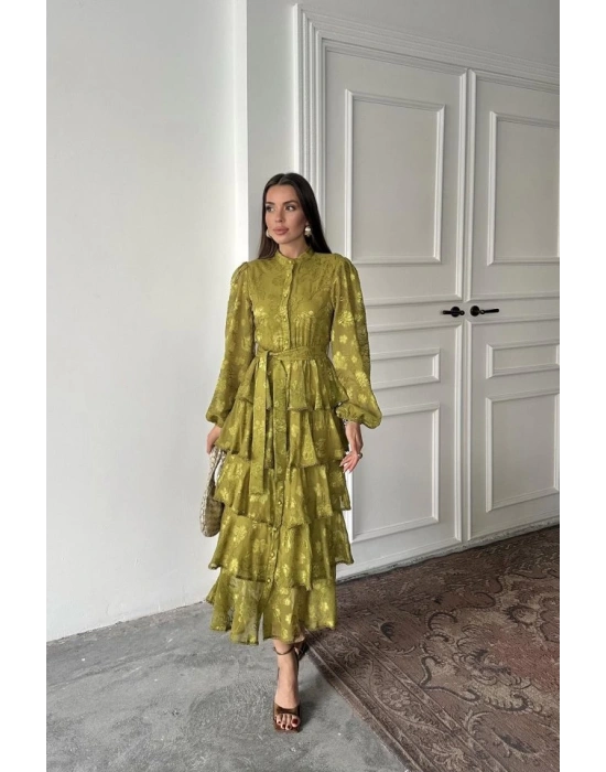 Yağ Yeşili Valonlu Şeritli Kat Kat Elbise