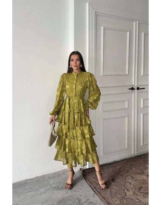 Yağ Yeşili Valonlu Şeritli Kat Kat Elbise