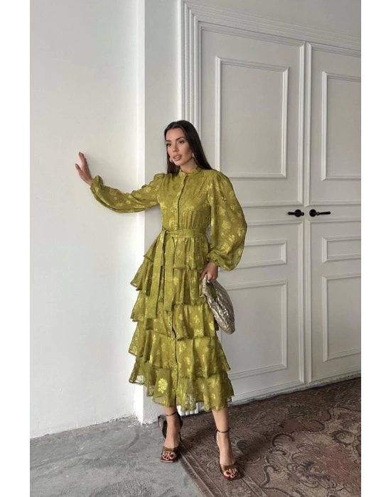 Yağ Yeşili Valonlu Şeritli Kat Kat Elbise