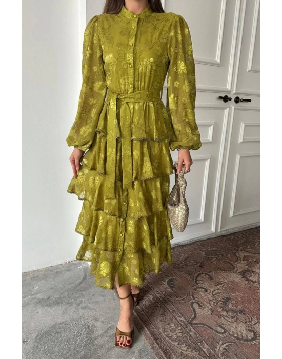 Yağ Yeşili Valonlu Şeritli Kat Kat Elbise