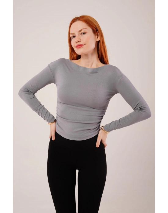 Yaka Detay Uzun Kollu Basic Gri Bluz