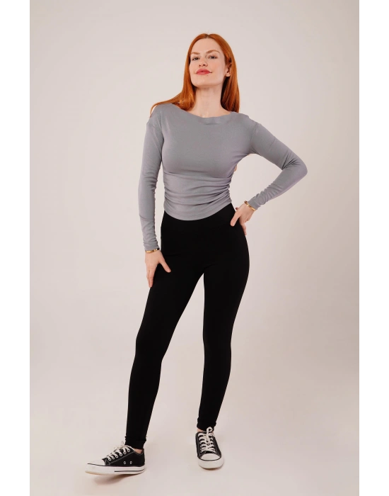 Yaka Detay Uzun Kollu Basic Gri Bluz