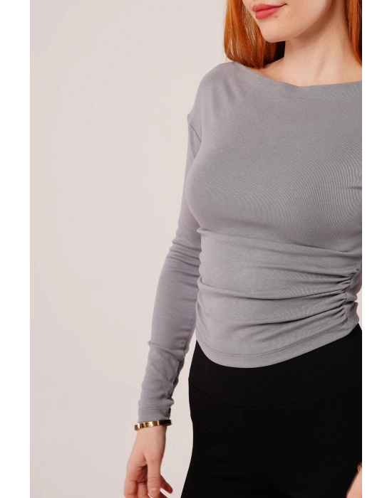 Yaka Detay Uzun Kollu Basic Gri Bluz