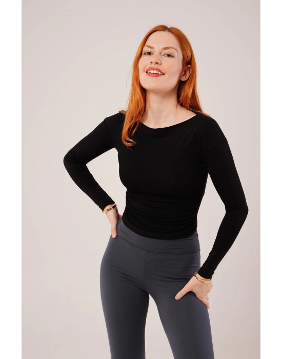 Yaka Detay Uzun Kollu Basic Siyah Bluz