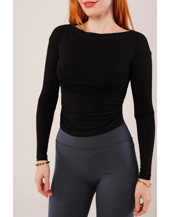 Yaka Detay Uzun Kollu Basic Siyah Bluz