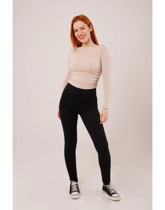 Yaka Detay Uzun Kollu Basic Krem Bluz